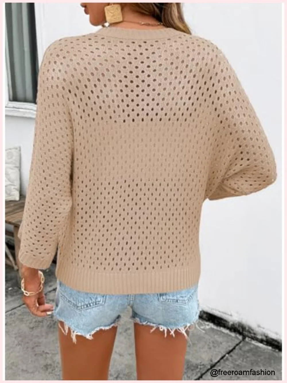 Crochet Crew Neck 3/4 Sleeve Pullover Sweater